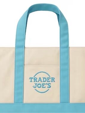 Trader Joe's Cream and Light Blue Tote Bag